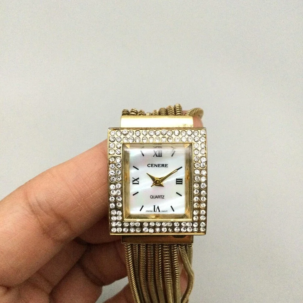 Cenere Womens Watch 24mm White MOP Dial Gold Tone Crystals New Battery 7.25
